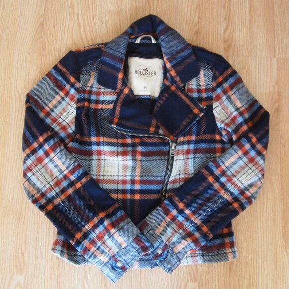 Hollister‎ Moto Jacket Wool Blend Asymetrical Zipper Vintage Plaid - Picture 1 of 7
